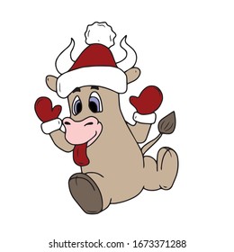 Bull new year 2021 in a hat and mittens shows his tongue .Vector design, illustration on a white isolated background, sticker.Holiday