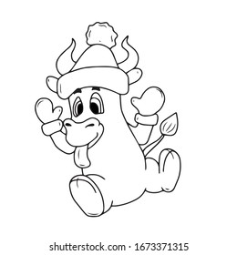 Bull new year 2021 in a hat and mittens shows his tongue .Vector design, illustration on a white isolated background, coloringHoliday