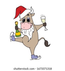 Bull New year 2021 in a hat with a beard on skates holds a bottle of champagne and a glass.Vector design, illustration on a white isolated background.Holiday