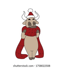Bull New year 2021 in a hat and a big red scarf .Vector design, illustration on a white isolated background, sticker.Holiday