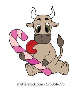 Bull New year 2021 holds a large Lollipop cane.Vector design, illustration on a white isolated background, sticker.Holiday