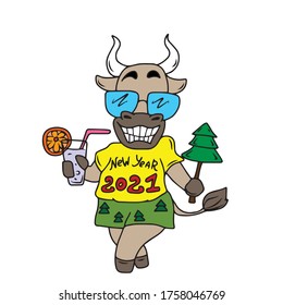 Bull New year 2021 in a t-shirt and shorts with a cocktail.Vector design, illustration on a white isolated background, sticker.Holiday