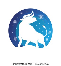 Bull New Year. Happy New Year. Chinese zodiac symbol of new 2021 year. Bull, ox, cow.  Blue. Winter holidays. 