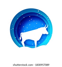 Bull New Year. Happy New Year. Bull, ox, cow. 2021 Lunar horoscope sign in paper cut style. Blue. Winter holidays.