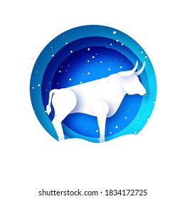 Bull New Year. Happy New Year. Bull, ox, cow. 2021 Lunar horoscope sign in paper cut style. Blue. Winter holidays. Vector