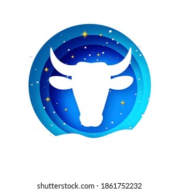 Bull New Year. Happy New Year. Bull, ox, cow. 2021 Lunar horoscope sign in paper cut style. Blue tunnel. Winter holidays.
