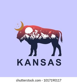 bull and night mountain landscape, double exposure, space view, fantasy style, kansas inscription. Vector illustrations