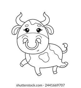 Сute bull with a nose piercing. Cute animals. Coloring book, black and white vector illustration.