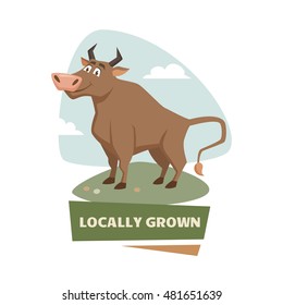 Bull on field label or badge. Farm meet logo. Natural food, organic product, locally grown. Farmers market label