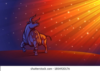 Bull on radiant beams background. Shiny glitter particles in rays of light. Ox is zodiac sign of New Year 2021. Template design with copy space. Hard edge, heavy contour line. Vector illustration