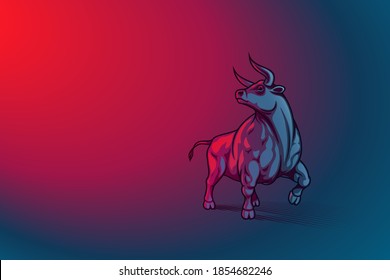 Bull on red lighting background with blue reflected light. Ox is zodiac sign of New Year 2021. Template design with copy space. Hard edge shapes, heavy contour lines drawing style. Vector illustration