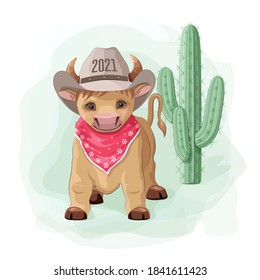 Bull, ox, cow symbol of the new year 2021 on the Chinese calendar. Cute Cartoon cowboy calf with hat and cactus with hat and cactus on a white backdrop.