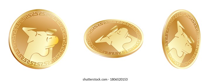 Bull, ox symbol of 2021 new year on gold coin. Good luck, success and wealth in new year. Talisman for money according to the Chinese calendar. Vector on white background