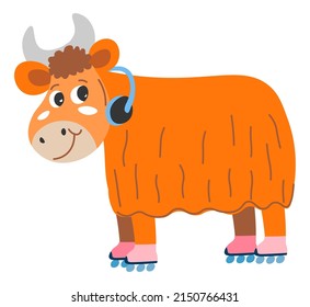 Bull or ox wearing headphones and skating shoes. Roller animal character, comic personage with smiling muzzle. Buffalo childish sticker or wild farm livestock cute emoji. Vector in flat style
