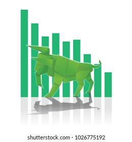 Bull Paper art with Green bar chart for stock market vector and illustration
