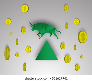 Bull paper art with money for stock market vector and illustration