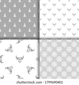 Bull patterns. New year symbol. Seamless backgrounds. Decorative animal heads, snowflakes, trees. Gray colors. Suitable for textiles, holiday wrapping paper, fabrics, banners.