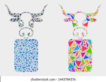 Bull person mosaic icon of triangle elements which have different sizes and shapes and colors. Geometric abstract vector illustration of bull person.
