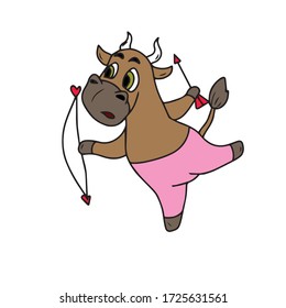 A bull in pink trousers holds arrows and a bow with hearts. Sticker, vector children's design for banners, postcards and social networks.