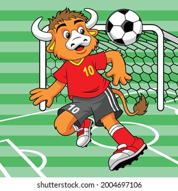 bull playing ball in the middle of the field with cartoon illustration design