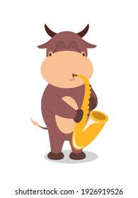 Bull playing on saxophone. Animal ox playing music intrument, vector illustration EPS10