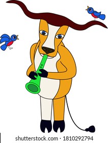 The bull plays the pipe and two birds sing 