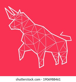 Bull in polygon style, stroke, outline drawing bull on red background