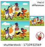 Bull and pony in jockey caps. Find 10 differences. Educational game for children. Cartoon vector illustration