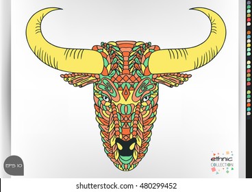 Bull portrait . Animal patterns with hand-drawn doodle waves and lines. Vector illustration in bright colors.