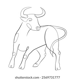 Bull in a pose expressing activity and attention one line drawing on white isolated background