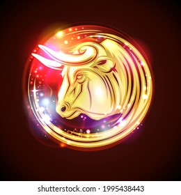 Bull profile portrait logo design, shiny style vector illustartion. Golden ox animal symbol.
