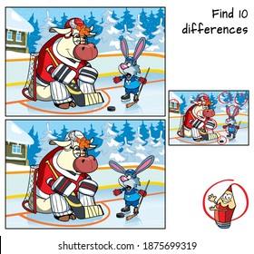 Bull and Rabbit are playing hockey. Find 10 differences. Educational game for children. Cartoon vector illustration