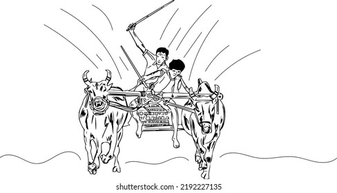 Bull race in village cartoon drawing, Bull face line art illustration vector silhouette, Sketch drawing of cow bull race, clip art of bull race in village, Village game vector