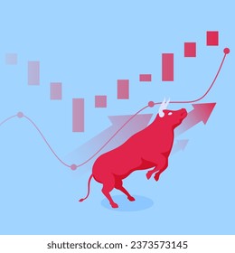 The bull raises its two front legs jumping over the graph, a metaphor for rising share prices in the stock market