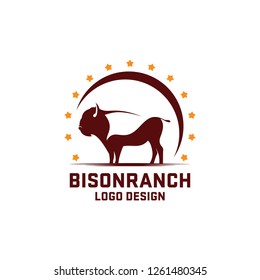 Bull Ranch Logo Design Vector. Isolated Bison Ranch Logo on a White Background.