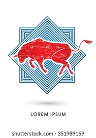 Bull ready to fight  designed using grunge brush on line square background graphic vector.