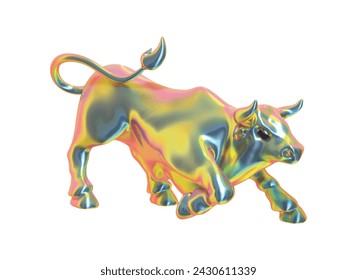 Bull realistic 3d cartoon style. metal gradient chrome Bull isolated on white background. Vector illustration