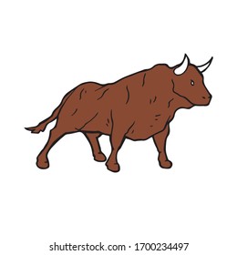 Bull with red fur, hand drawn single illustration. Domestic cattle animal standing ready to fight, vector original drawing. Mammal with horns isolated graphic decoration. Taurus logo symbol.