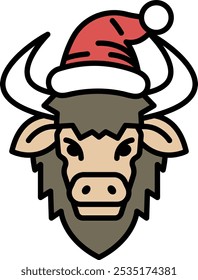 Un toro con un sombrero rojo en la cabeza. El sombrero es Santa Claus. El toro está enojado y tiene una mirada amenazadora en su cara