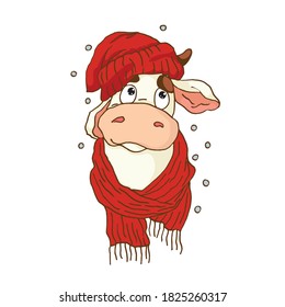 Bull in a red hat and scarf. Vector illustration in a flat style.