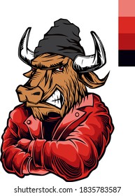 Bull in red leather jacket and hat