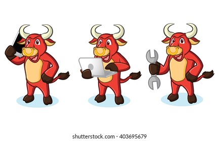 Bull Red Mascot with phone, laptop and tools