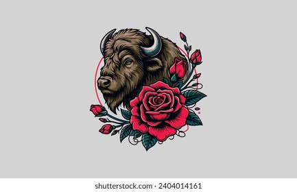 bull and red rose vector tattoo design
