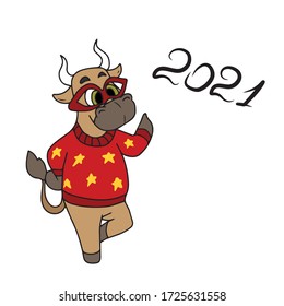 Bull in a red sweater with stars in a mask sticker, vector children's design for banners, postcards and social networks.