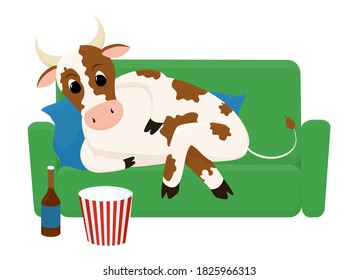 Bull relaxing on weekends eating popcorn and drinking beer at home. Cartoon cow spending time watching TV. Symbol of 2021 New Year, vector illustration