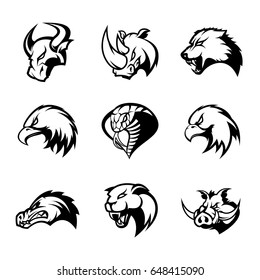 Bull, rhino, wolf, eagle, cobra, alligator, panther, boar head isolated vector logo concept set. Modern badge mascot design. Premium quality wild animal, bird, snake t-shirt tee print illustration.