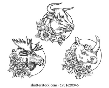 Bull Rhinoceros Moose heads animal set tattoo with flowers sketch engraving vector illustration. T-shirt apparel print design. Scratch board imitation. Black and white hand drawn image.