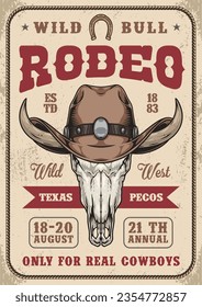 Bull rodeo bunter Vintage Flyer mit wildem Hornkuhschädel in Cowboyhut für Texas Western Einladung Vektorgrafik