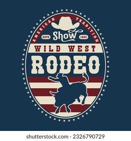 Bull rodeo colorful vintage poster with oval frame and USA flag for cowboy show invitation vector illustration