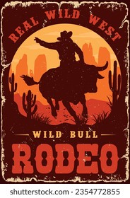 Bull rodeo colorful vintage poster silhouette of cowboy riding wild cow and moving through desert during sunset vector illustration